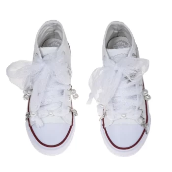 Botas con lazada de tul plumeti color blanco y abalorios QUICKAS. Ideales para ocasiones especiales, comuniones y bodas.